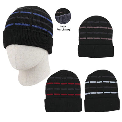 WINTER KNIT HAT STRIPES W/FAUX 12CT