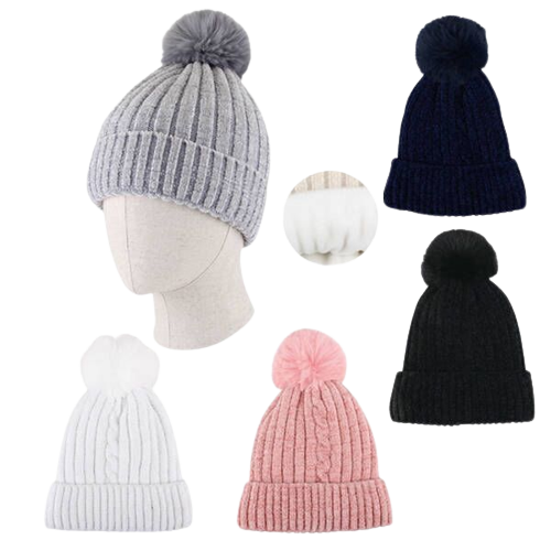 LADIES POM HAT W/ FUR LINING CHINELE 12CT ASST. COLORS