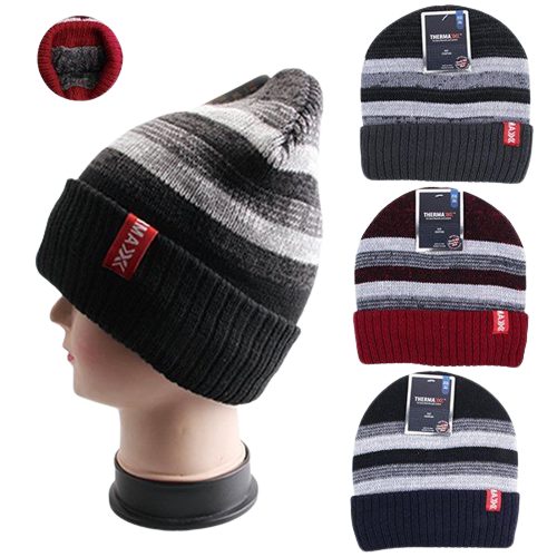 WINTER KNIT HAT STRIPES LIGHT W/FAUX 12CT