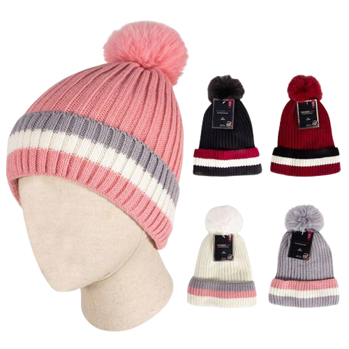 LADIES POM HAT W/ STRIPES 12CT ASST. COLORS