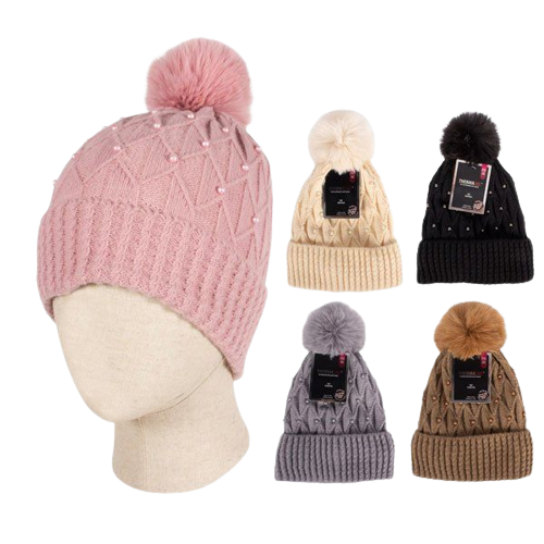 LADIES POM HAT W/ FUR LINING KNIT 12CT ASST. COLORS